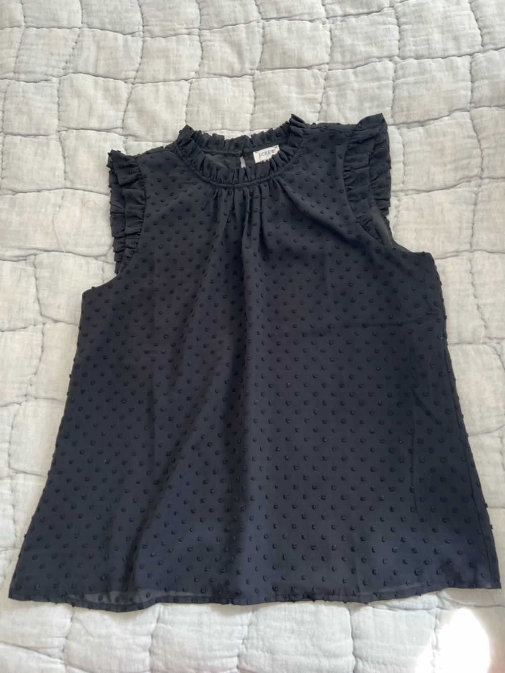 J. Crew Black Swiss Dot Ruffle Neck Blouse